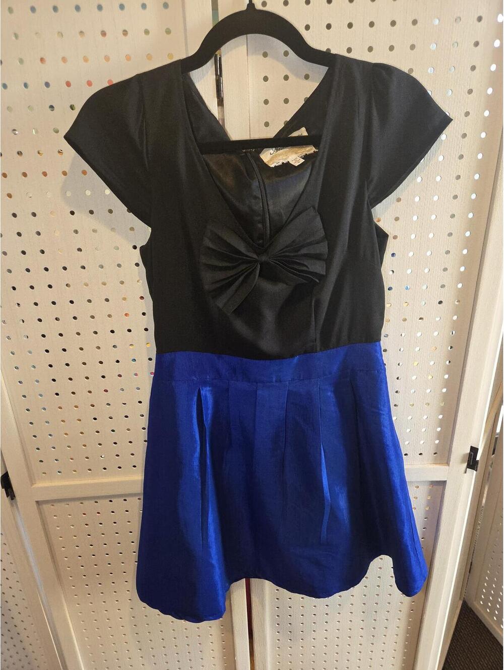 Black and Blue Cap Sleeve Dress with Bow Detail
